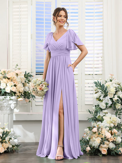Vestidos de Dama de Honra Evasê com Decote Em V e Mangas Curtas Em Chiffon Dividido com Bolsos