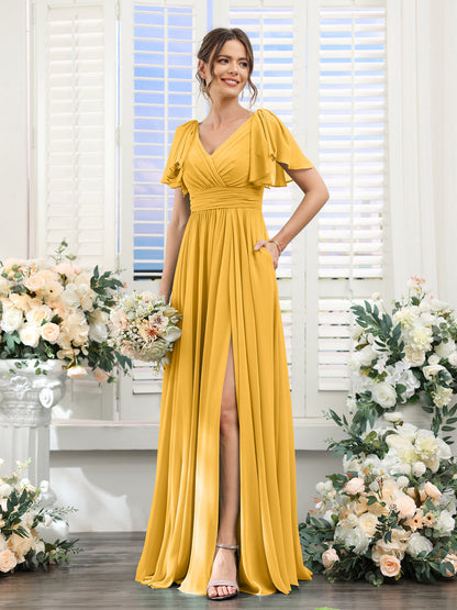 Vestidos de Dama de Honra Evasê com Decote Em V e Mangas Curtas Em Chiffon Dividido com Bolsos