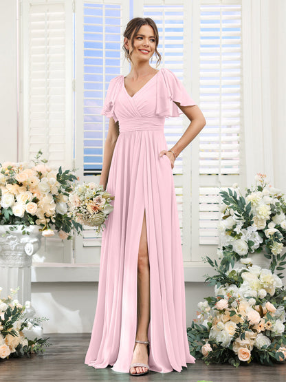 Vestidos de Dama de Honra Evasê com Decote Em V e Mangas Curtas Em Chiffon Dividido com Bolsos