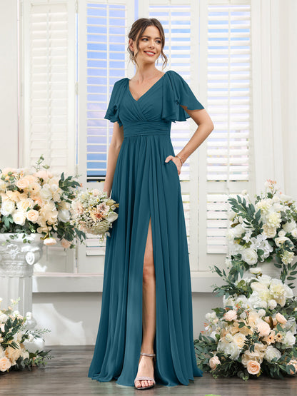 Vestidos de Dama de Honra Evasê com Decote Em V e Mangas Curtas Em Chiffon Dividido com Bolsos