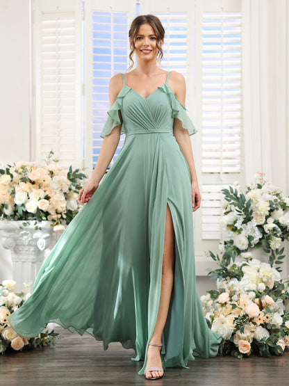 Vestidos de Dama de Honra Em Chiffon Linha A com Alças Finas e Mangas Curtas Divididas