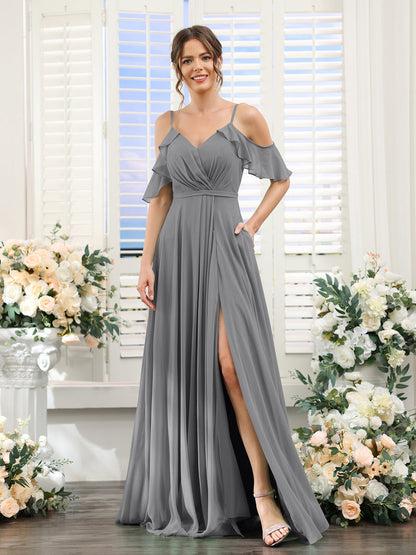 Vestidos de Dama de Honra Em Chiffon Linha A com Alças Finas e Mangas Curtas Divididas