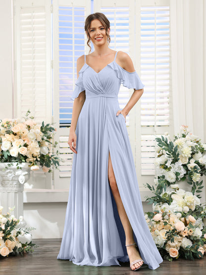 Vestidos de Dama de Honra Em Chiffon Linha A com Alças Finas e Mangas Curtas Divididas