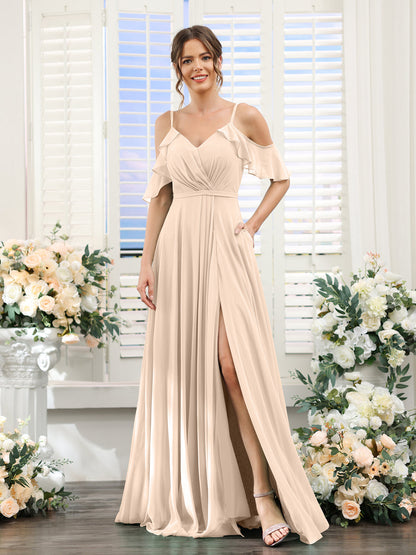 Vestidos de Dama de Honra Em Chiffon Linha A com Alças Finas e Mangas Curtas Divididas