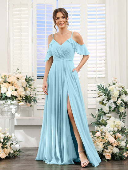 Vestidos de Dama de Honra Em Chiffon Linha A com Alças Finas e Mangas Curtas Divididas