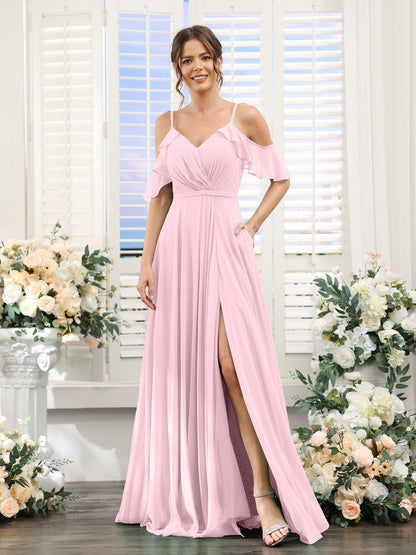 Vestidos de Dama de Honra Em Chiffon Linha A com Alças Finas e Mangas Curtas Divididas