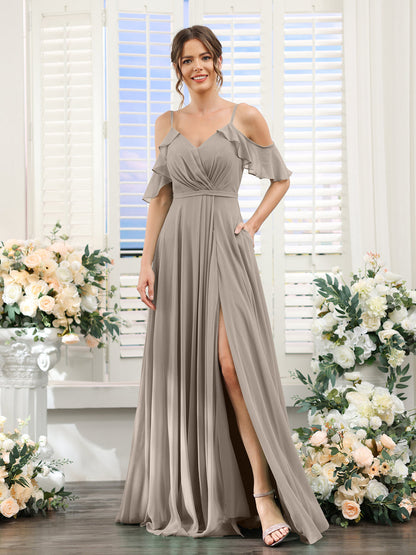 Vestidos de Dama de Honra Em Chiffon Linha A com Alças Finas e Mangas Curtas Divididas