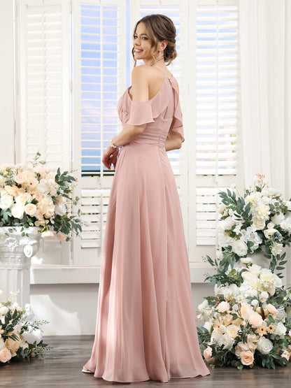 Vestidos de Dama de Honra Em Chiffon Linha A com Alças Finas e Divisão Lateral Até O Chão