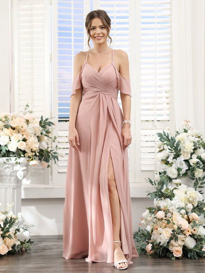 Vestidos de Dama de Honra Em Chiffon Linha A com Alças Finas e Divisão Lateral Até O Chão