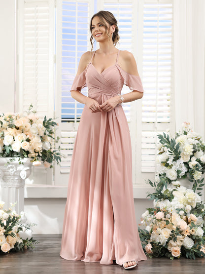 Vestidos de Dama de Honra Em Chiffon Linha A com Alças Finas e Divisão Lateral Até O Chão