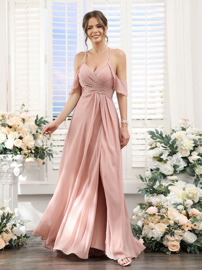 Vestidos de Dama de Honra Em Chiffon Linha A com Alças Finas e Divisão Lateral Até O Chão