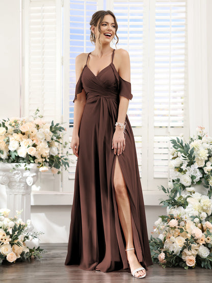 Vestidos de Dama de Honra Em Chiffon Linha A com Alças Finas e Divisão Lateral Até O Chão
