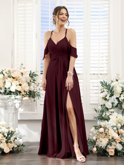 Vestidos de Dama de Honra Em Chiffon Linha A com Alças Finas e Divisão Lateral Até O Chão