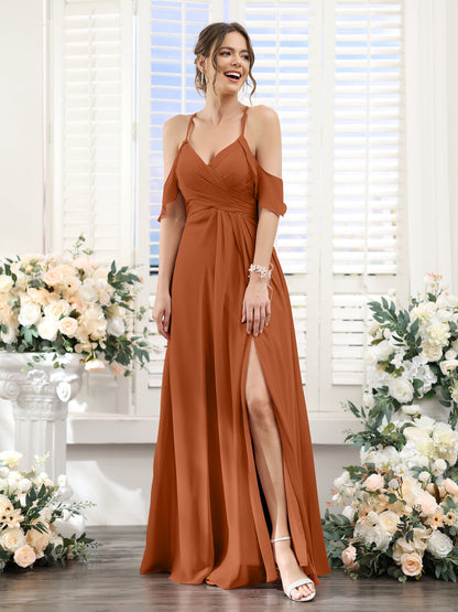 Vestidos de Dama de Honra Em Chiffon Linha A com Alças Finas e Divisão Lateral Até O Chão