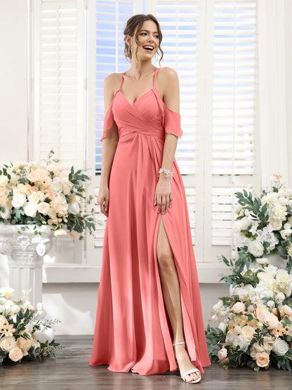 Vestidos de Dama de Honra Em Chiffon Linha A com Alças Finas e Divisão Lateral Até O Chão