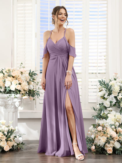 Vestidos de Dama de Honra Em Chiffon Linha A com Alças Finas e Divisão Lateral Até O Chão