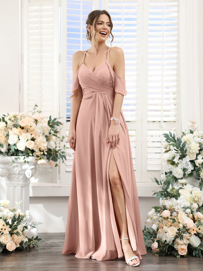 Vestidos de Dama de Honra Em Chiffon Linha A com Alças Finas e Divisão Lateral Até O Chão