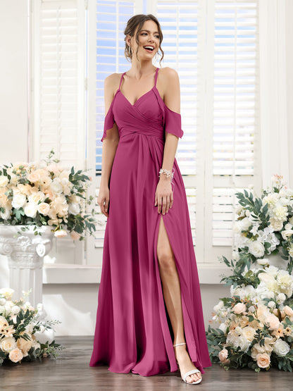 Vestidos de Dama de Honra Em Chiffon Linha A com Alças Finas e Divisão Lateral Até O Chão