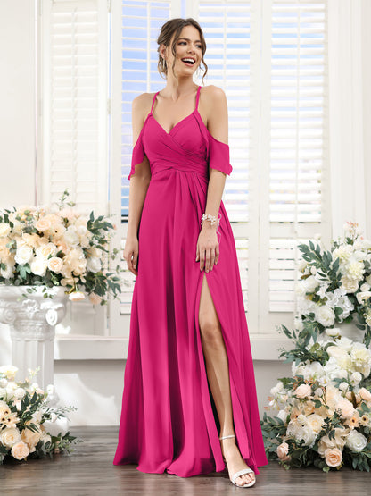 Vestidos de Dama de Honra Em Chiffon Linha A com Alças Finas e Divisão Lateral Até O Chão