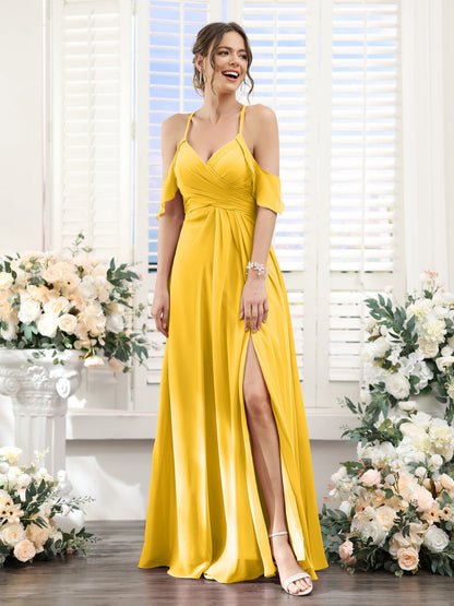 Vestidos de Dama de Honra Em Chiffon Linha A com Alças Finas e Divisão Lateral Até O Chão
