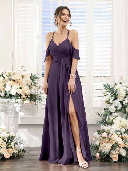 Vestidos de Dama de Honra Em Chiffon Linha A com Alças Finas e Divisão Lateral Até O Chão