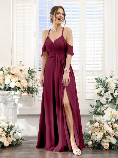 Vestidos de Dama de Honra Em Chiffon Linha A com Alças Finas e Divisão Lateral Até O Chão