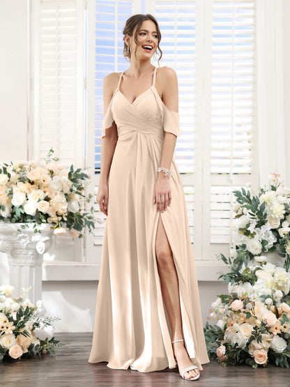 Vestidos de Dama de Honra Em Chiffon Linha A com Alças Finas e Divisão Lateral Até O Chão