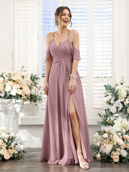 Vestidos de Dama de Honra Em Chiffon Linha A com Alças Finas e Divisão Lateral Até O Chão