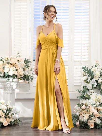 Vestidos de Dama de Honra Em Chiffon Linha A com Alças Finas e Divisão Lateral Até O Chão