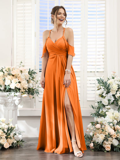 Vestidos de Dama de Honra Em Chiffon Linha A com Alças Finas e Divisão Lateral Até O Chão
