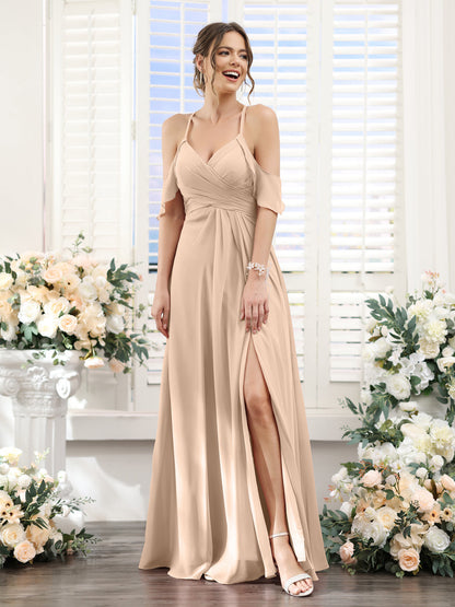 Vestidos de Dama de Honra Em Chiffon Linha A com Alças Finas e Divisão Lateral Até O Chão