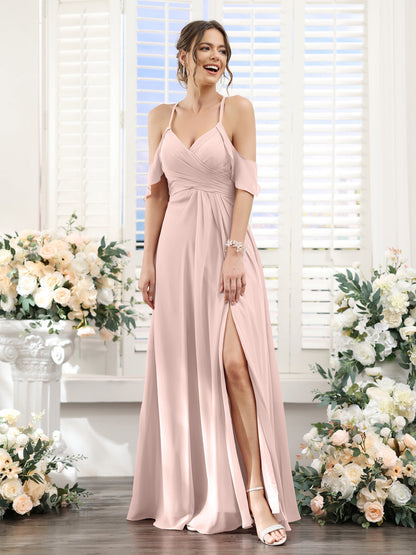 Vestidos de Dama de Honra Em Chiffon Linha A com Alças Finas e Divisão Lateral Até O Chão