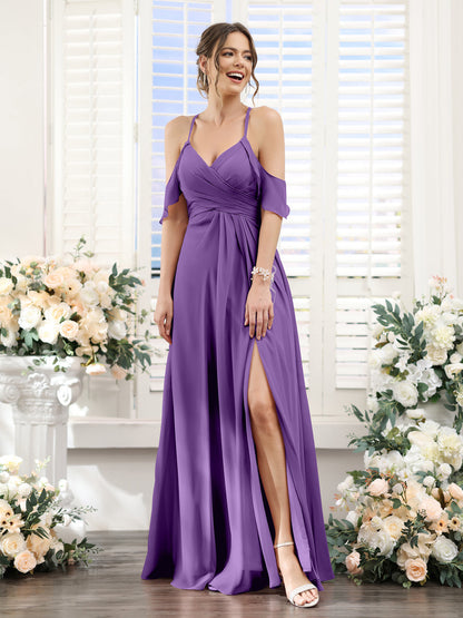 Vestidos de Dama de Honra Em Chiffon Linha A com Alças Finas e Divisão Lateral Até O Chão