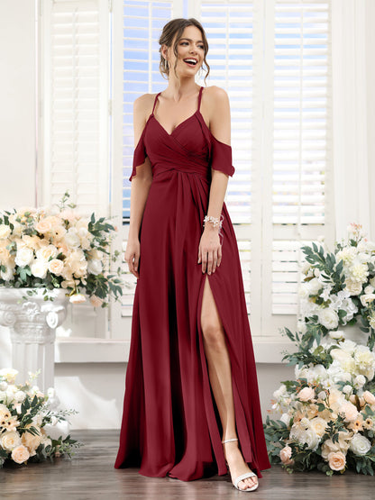 Vestidos de Dama de Honra Em Chiffon Linha A com Alças Finas e Divisão Lateral Até O Chão