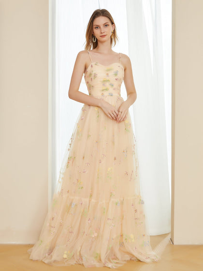 Vestidos de Baile Longos Bordados de Tule Retrô Linha A com Alças Finas