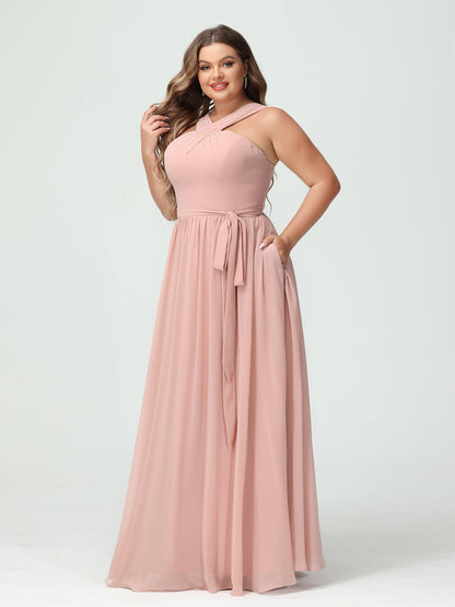 Vestidos de Dama de Honra Em Chiffon Sem Mangas A-Line / Princess Criss Cross com Faixa