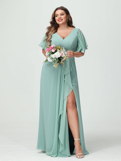 Vestidos de Dama de Honra Tamanho Grande Linha A/Princesa Decote Em V Meia Manga Chiffon Babados com Divisão Lateral