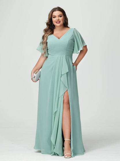 Vestidos de Dama de Honra Tamanho Grande Linha A/Princesa Decote Em V Meia Manga Chiffon Babados com Divisão Lateral