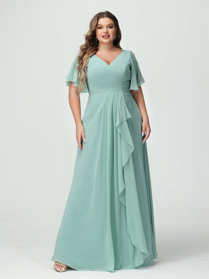 Vestidos de Dama de Honra Tamanho Grande Linha A/Princesa Decote Em V Meia Manga Chiffon Babados com Divisão Lateral