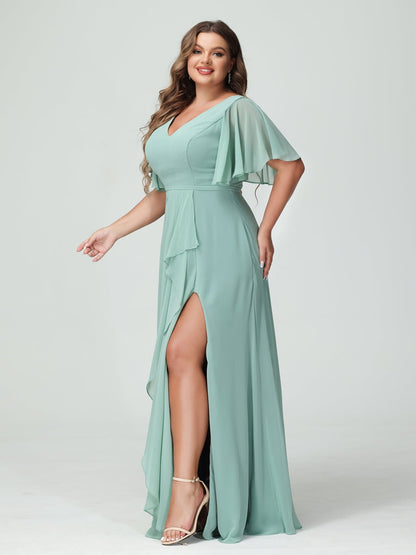 Vestidos de Dama de Honra Tamanho Grande Linha A/Princesa Decote Em V Meia Manga Chiffon Babados com Divisão Lateral