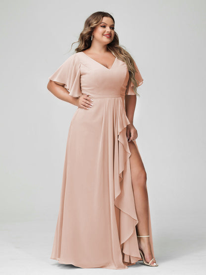 Vestidos de Dama de Honra Tamanho Grande Linha A/Princesa Decote Em V Meia Manga Chiffon Babados com Divisão Lateral