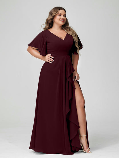 Vestidos de Dama de Honra Tamanho Grande Linha A/Princesa Decote Em V Meia Manga Chiffon Babados com Divisão Lateral