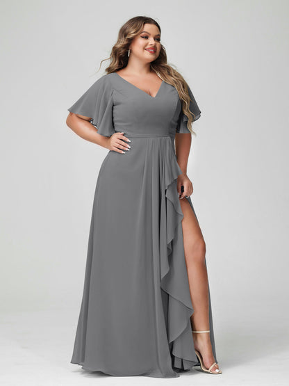 Vestidos de Dama de Honra Tamanho Grande Linha A/Princesa Decote Em V Meia Manga Chiffon Babados com Divisão Lateral