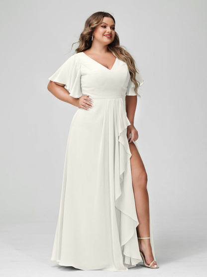 Vestidos de Dama de Honra Tamanho Grande Linha A/Princesa Decote Em V Meia Manga Chiffon Babados com Divisão Lateral