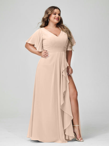 Vestidos de Dama de Honra Tamanho Grande Linha A/Princesa Decote Em V Meia Manga Chiffon Babados com Divisão Lateral