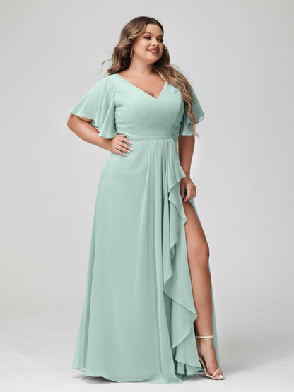 Vestidos de Dama de Honra Tamanho Grande Linha A/Princesa Decote Em V Meia Manga Chiffon Babados com Divisão Lateral