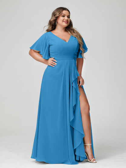 Vestidos de Dama de Honra Tamanho Grande Linha A/Princesa Decote Em V Meia Manga Chiffon Babados com Divisão Lateral