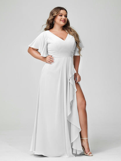 Vestidos de Dama de Honra Tamanho Grande Linha A/Princesa Decote Em V Meia Manga Chiffon Babados com Divisão Lateral