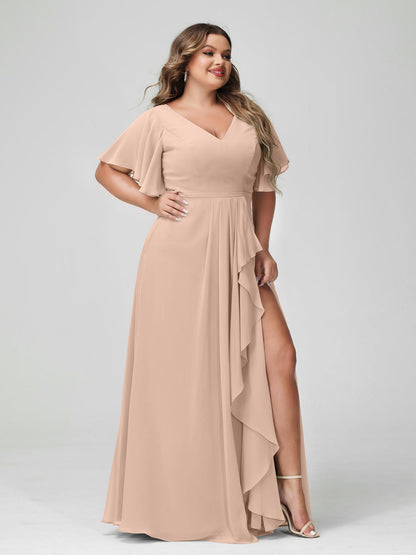 Vestidos de Dama de Honra Tamanho Grande Linha A/Princesa Decote Em V Meia Manga Chiffon Babados com Divisão Lateral