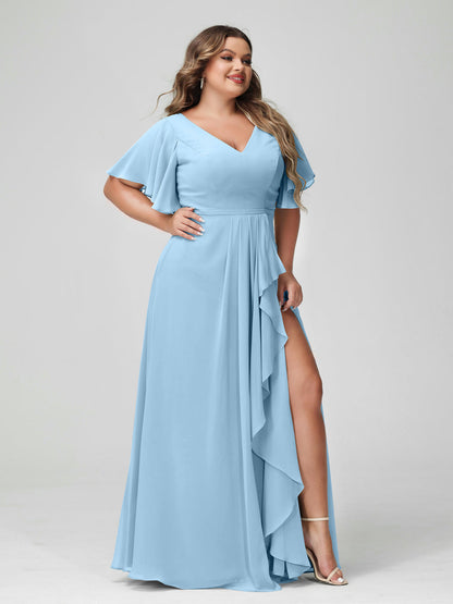 Vestidos de Dama de Honra Tamanho Grande Linha A/Princesa Decote Em V Meia Manga Chiffon Babados com Divisão Lateral